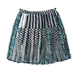 Parker Geometric Emboidered Pleated Skirt - Green Black and White